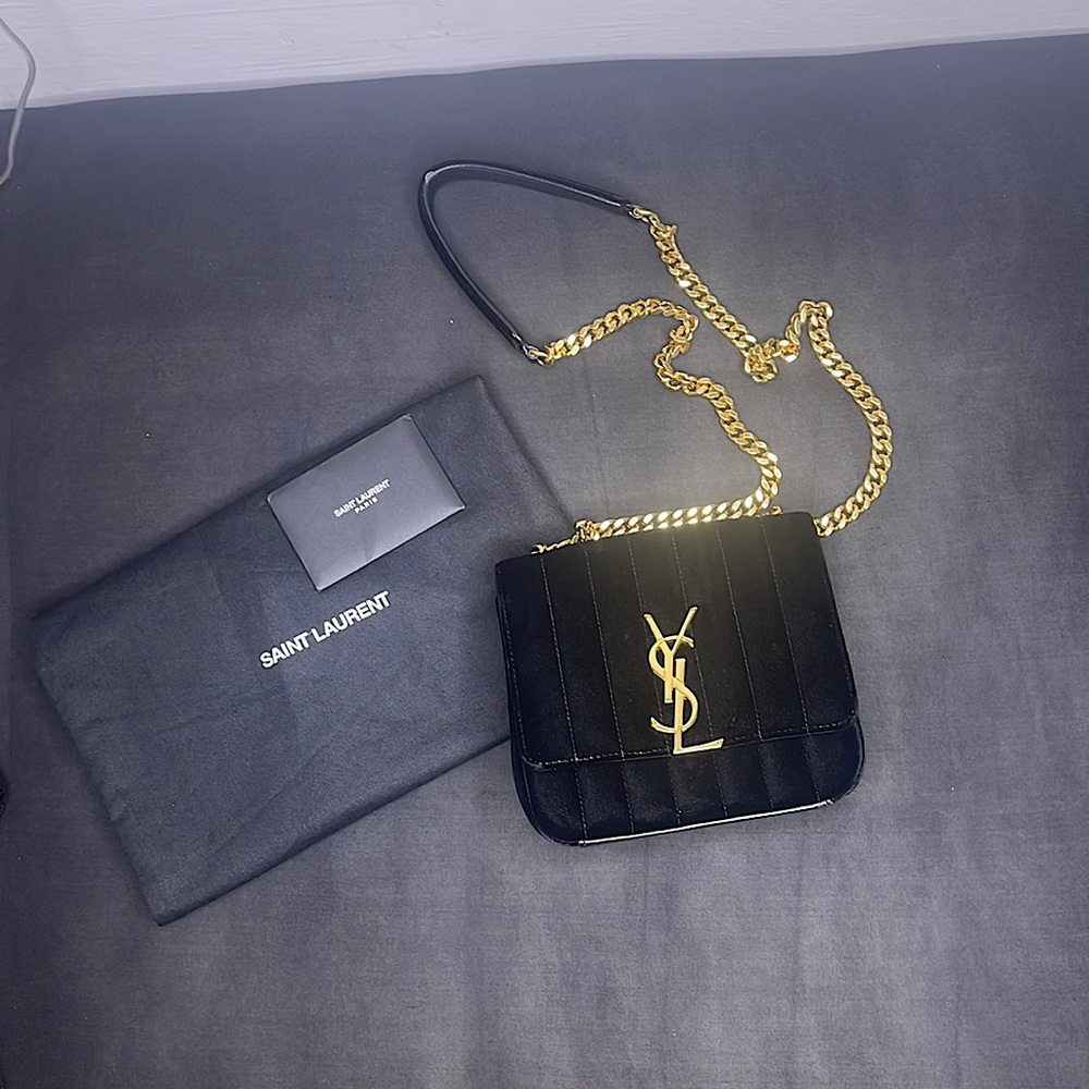 Saint Laurent YSL Vicky Small Black Velvet Monogram Matelasse Gold Crossbody Bag